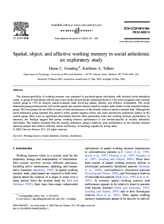 (PDF) Spatial, object, and affective working memory in social anhedonia ...