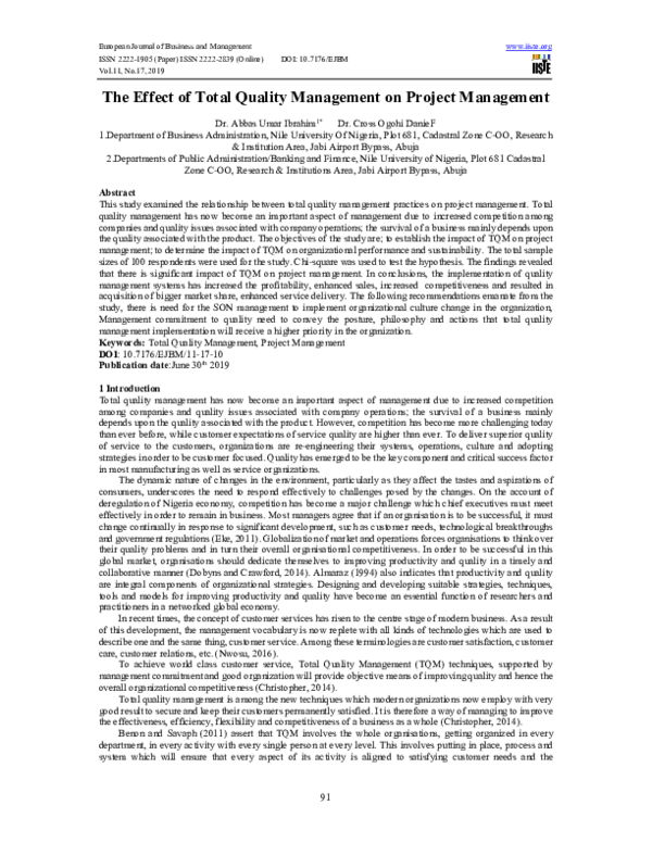 (PDF) The Effect of Total Quality Management on Project Management