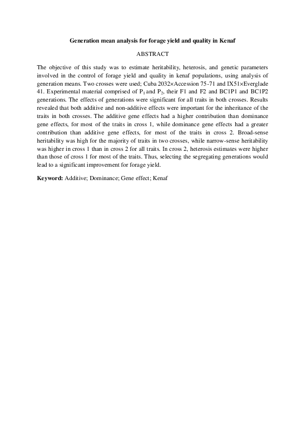 (PDF) Generation mean analysis for forage yield and quality in Kenaf