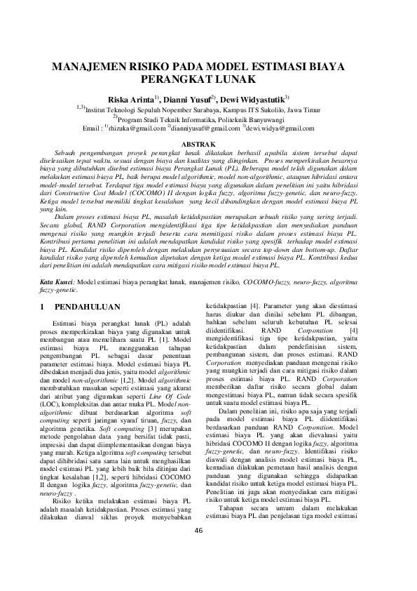 (PDF) Manajemen Risiko Pada Model Estimasi Biaya Perangkat Lunak