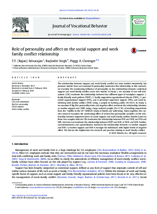 (PDF) Role of personality and affect on the social support and work ...