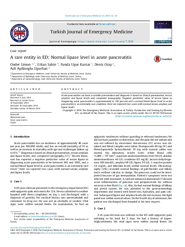 (PDF) A rare entity in ED: Normal lipase level in acute pancreatitis