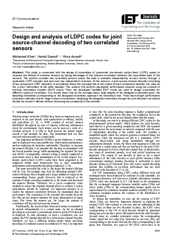 (PDF) Design and analysis of LDPC codes for joint source‐channel ...