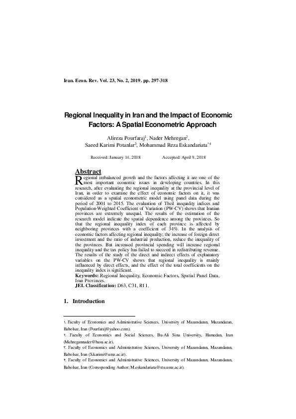 (PDF) Regional Inequality in Iran and the Impact of Economic Factors: A ...