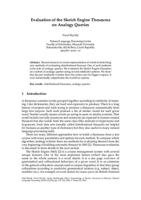 (PDF) Evaluation of the Sketch Engine Thesaurus on Analogy Queries