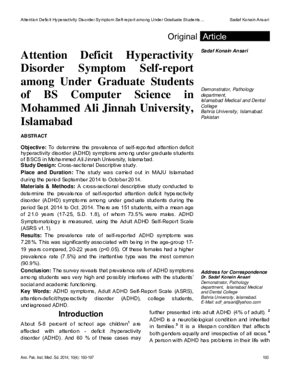 (PDF) Attention Deficit Hyperactivity Disorder Symptom Self-report ...