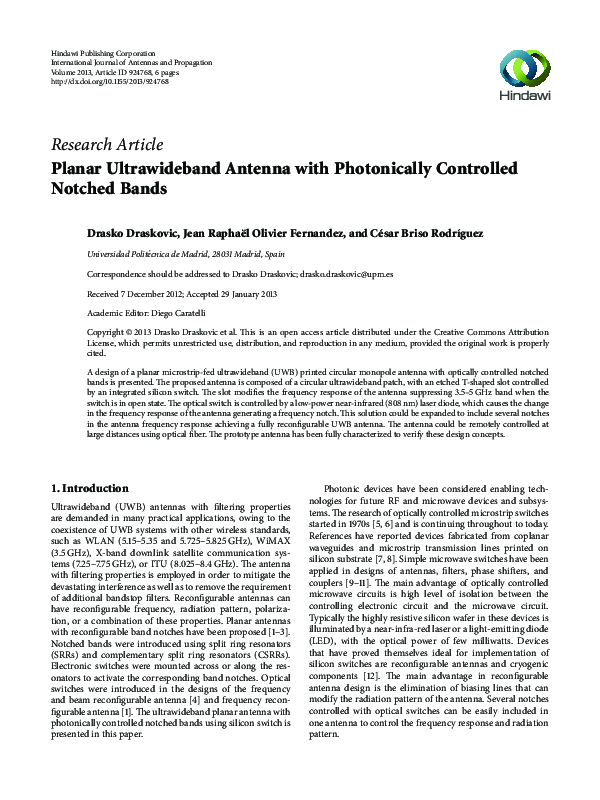(PDF) Planar Ultrawideband Antenna with Photonically Controlled Notched ...