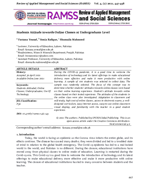 (PDF) Students Attitude towards Online Classes at Undergraduate Level