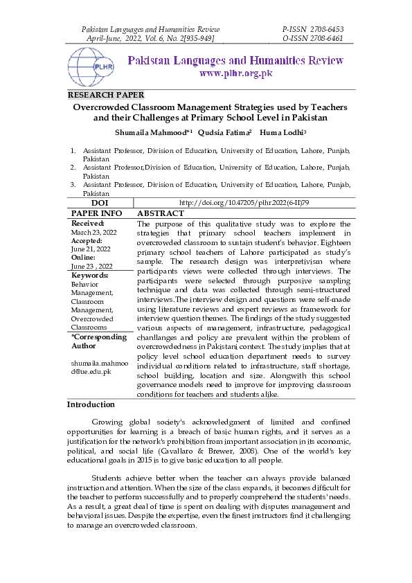 (PDF) Overcrowded Classroom Management Strategies used by Teachers and