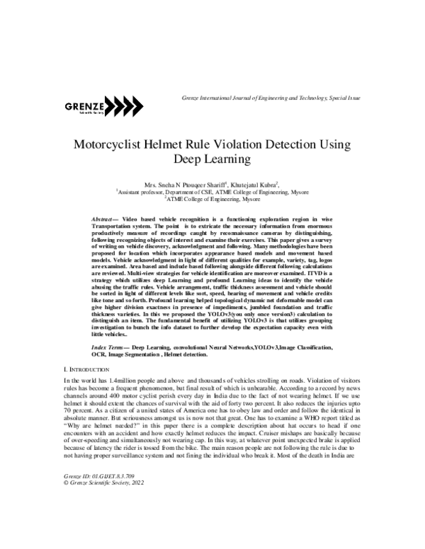 (PDF) Motorcyclist Helmet Rule Violation Detection Using Deep Learning