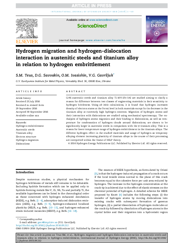 (PDF) Hydrogen migration and hydrogendislocation interaction in