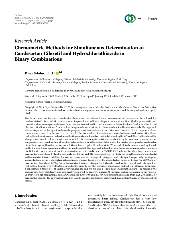 (PDF) Chemometric Methods for Simultaneous Determination of Candesartan ...
