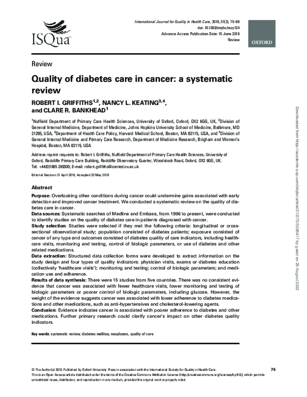(PDF) Quality of diabetes care in cancer: a systematic review