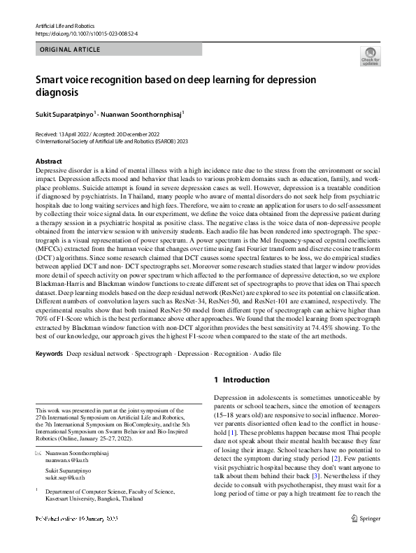 (PDF) Smart voice recognition based on deep learning for depression ...