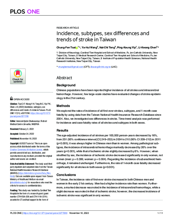 (PDF) Incidence, subtypes, sex differences and trends of stroke in Taiwan