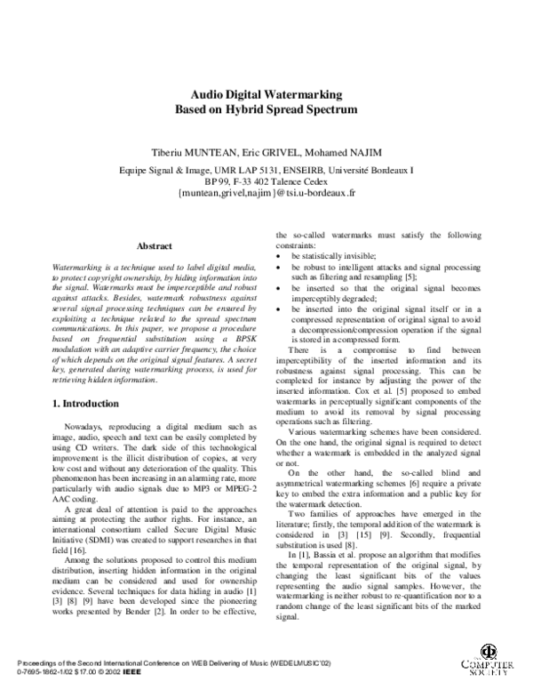 (PDF) Audio digital watermarking based on hybrid spread spectrum
