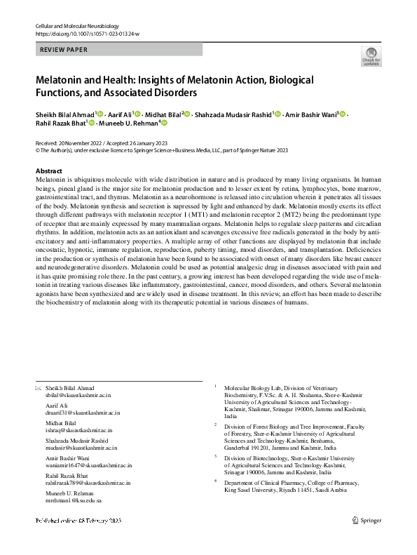(PDF) Melatonin and Health: Insights of Melatonin Action, Biological ...