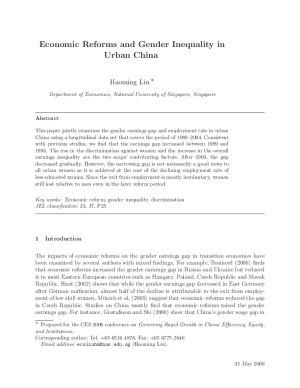 (PDF) Economic Reforms and Gender Inequality in Urban China