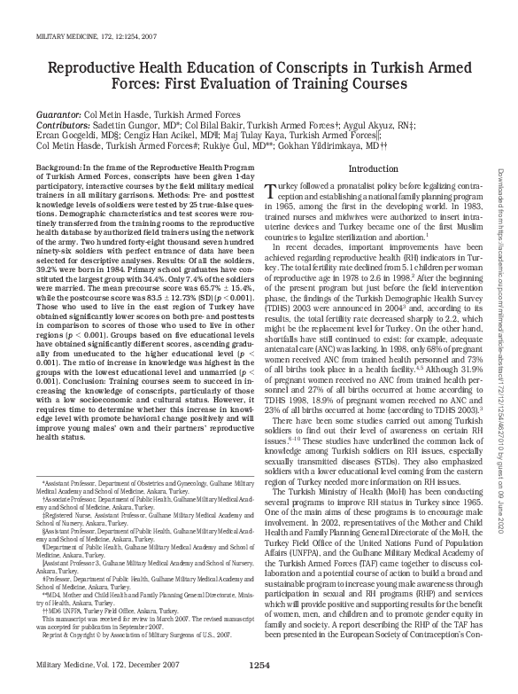 (PDF) Reproductive Health Education of Conscripts in Turkish Armed ...