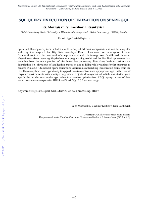 (PDF) SQL Query Execution Optimization on Spark SQL