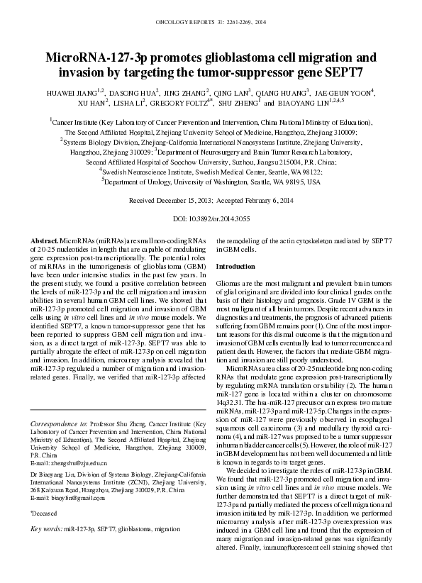 (PDF) MicroRNA-127-3p promotes glioblastoma cell migration and invasion ...