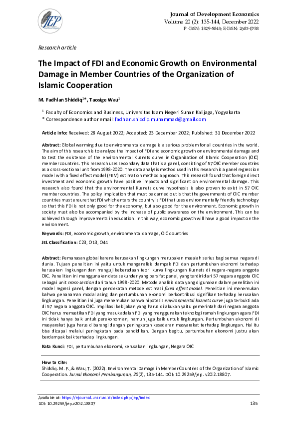 (PDF) The Impact of FDI and Economic Growth on Environmental Damage in ...
