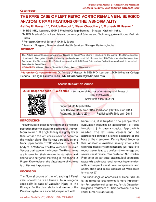The Rare Case of Left Retro Aortic Renal Vein: Surgico Anatomic Ramifications of the Abnormality