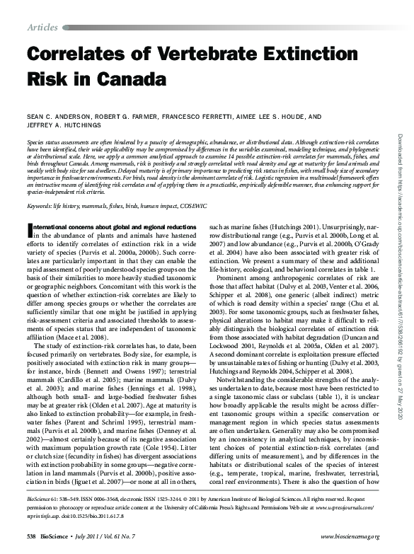 (PDF) Correlates of Vertebrate Extinction Risk in Canada