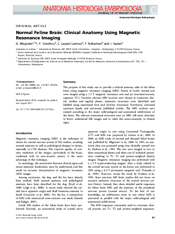 (PDF) Normal Feline Brain: Clinical Anatomy Using Magnetic Resonance ... - Feline Brain Cancer Clinical Trials