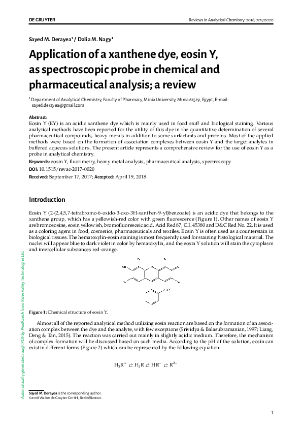 (PDF) Application of a xanthene dye, eosin Y, as spectroscopic probe in