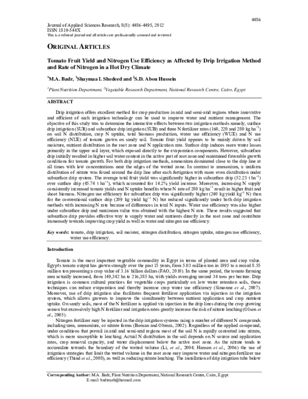 (PDF) Tomato Fruit Yield and Nitrogen Use Efficiency as Affected by ...