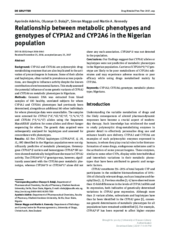 (PDF) Relationship between metabolic phenotypes and genotypes of CYP1A2 ...