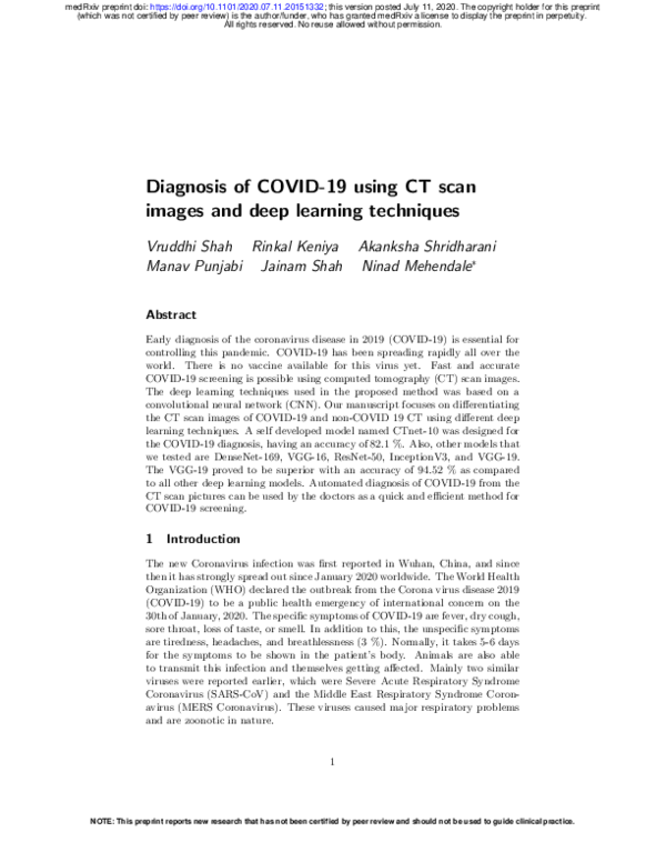 (PDF) Diagnosis of COVID-19 using CT scan images and deep learning ...