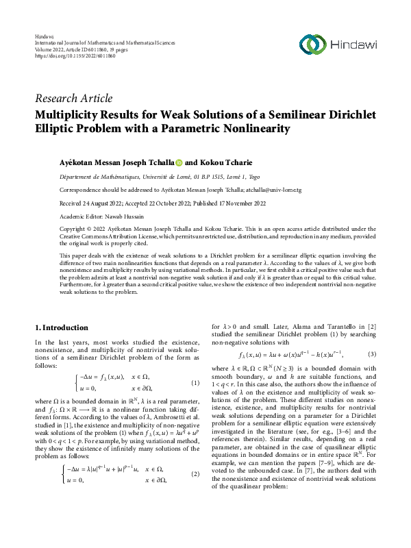 (PDF) Multiplicity Results for Weak Solutions of a Semilinear Dirichlet ...