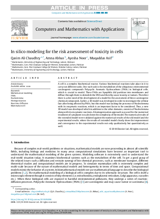(PDF) In silico modeling for the risk assessment of toxicity in cells