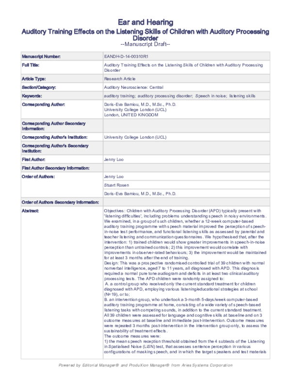 (PDF) Auditory Training Effects on the Listening Skills of Children ...
