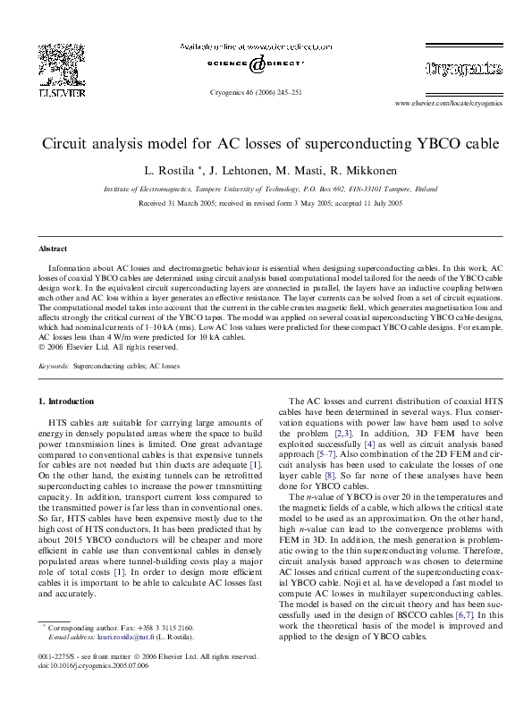 (PDF) Circuit analysis model for AC losses of superconducting YBCO cable