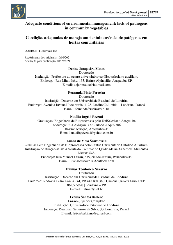 Adequate conditions of environmental management: lack of pathogens in community vegetables / Condições adequadas de manejo ambiental: ausência de patógenos em hortas comunitárias
