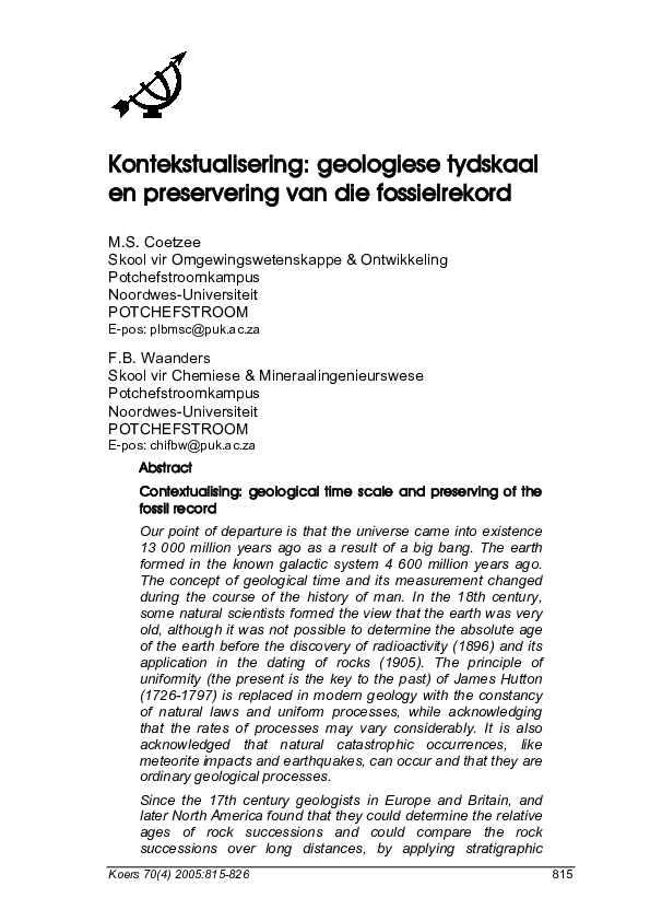 (PDF) Kontekstualisering: geologiese tydskaal en preservering van die ...