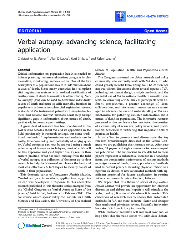(PDF) Verbal autopsy: advancing science, facilitating application