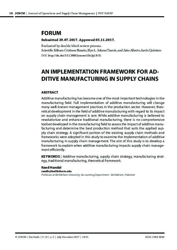 (PDF) An implementation framework for additive manufacturing in supply ...