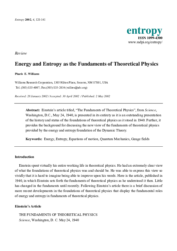 (PDF) Review Energy and Entropy as the Fundaments of Theoretical Physics