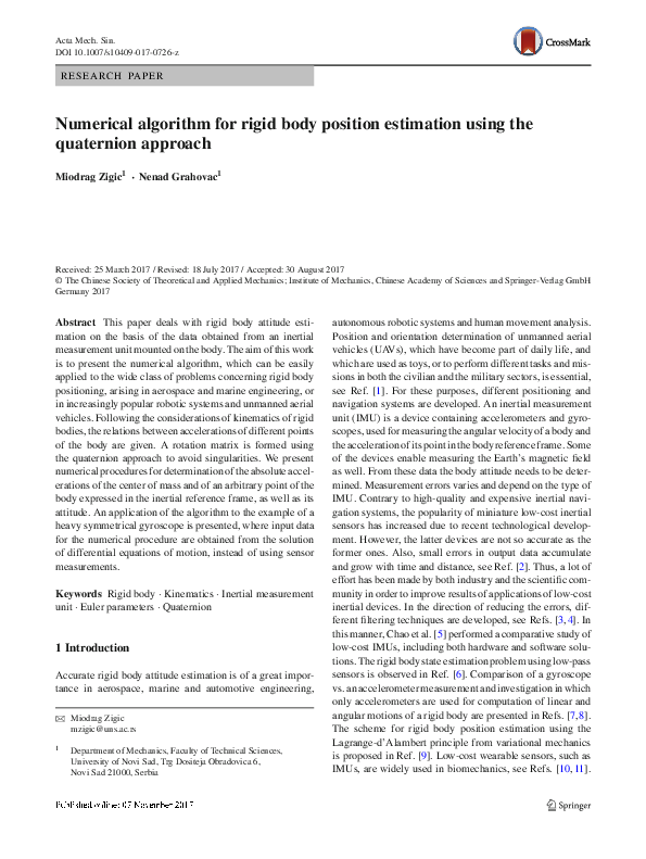 (PDF) Numerical algorithm for rigid body position estimation using the ...
