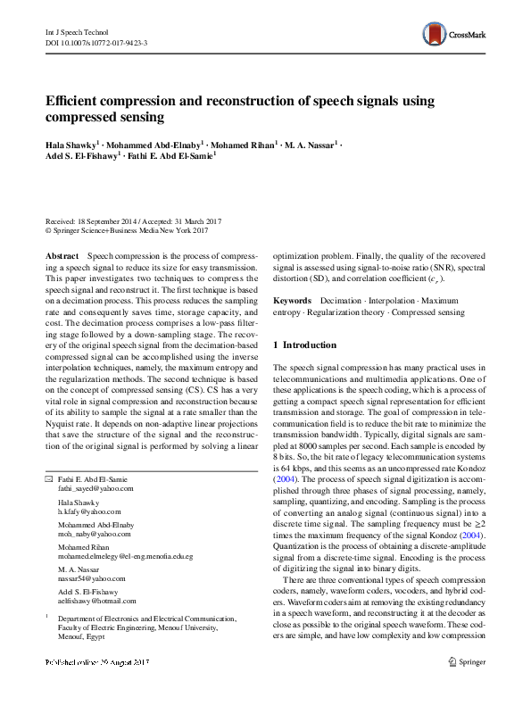 (PDF) Efficient compression and reconstruction of speech signals using ...