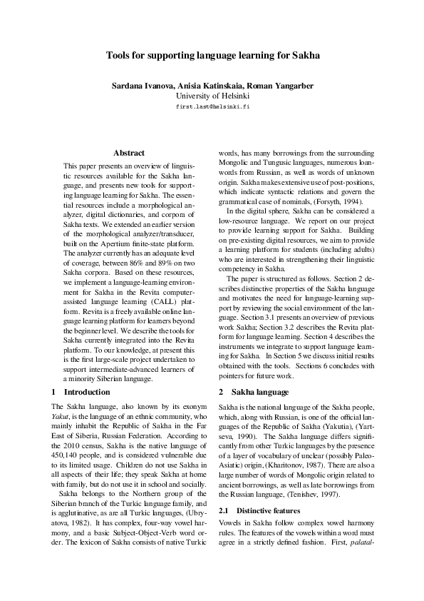 (PDF) Tools for supporting language learning for Sakha