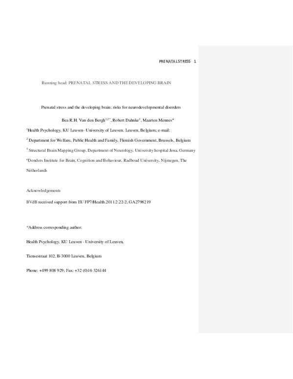 (PDF) Prenatal stress and the developing brain: Risks for ...