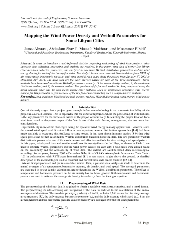 (PDF) Mapping the Wind Power Density and Weibull Parameters for Some ...