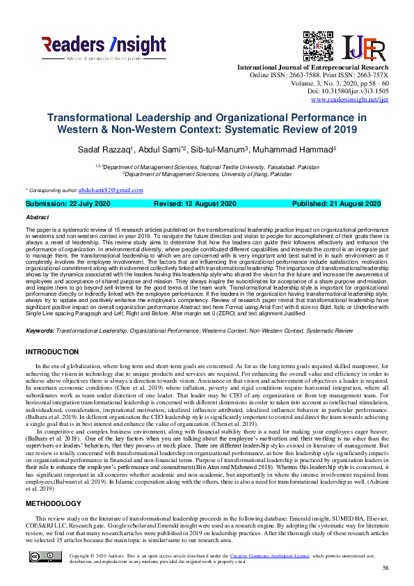 (PDF) Transformational Leadership and Organizational Performance in ...