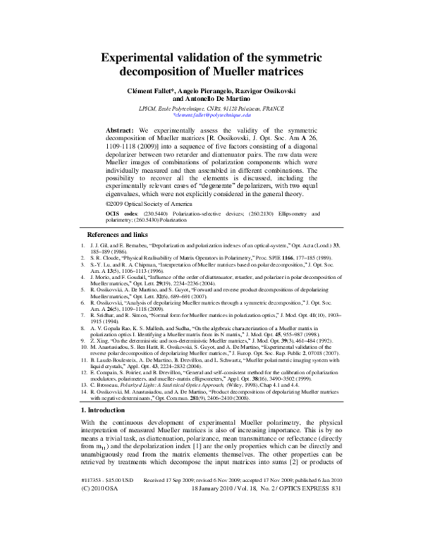 (PDF) Experimental validation of the symmetric decomposition of Mueller ...