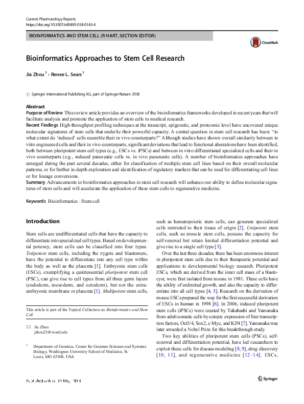 (PDF) Bioinformatics Approaches to Stem Cell Research